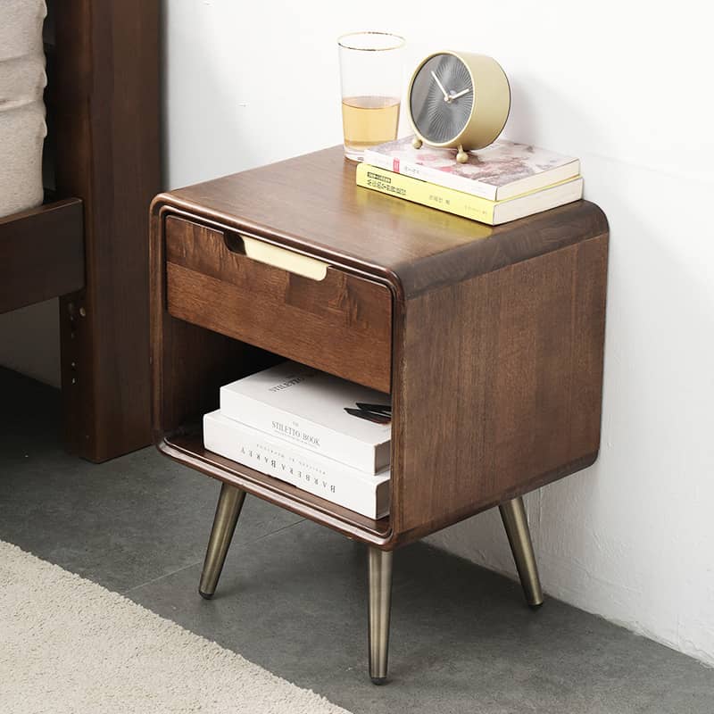 Stylish Brown Tung Wood Bedside Cupboard with Durable Metal Accents hym-488