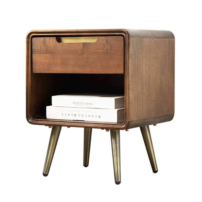 Stylish Brown Tung Wood Bedside Cupboard with Durable Metal Accents hym-488