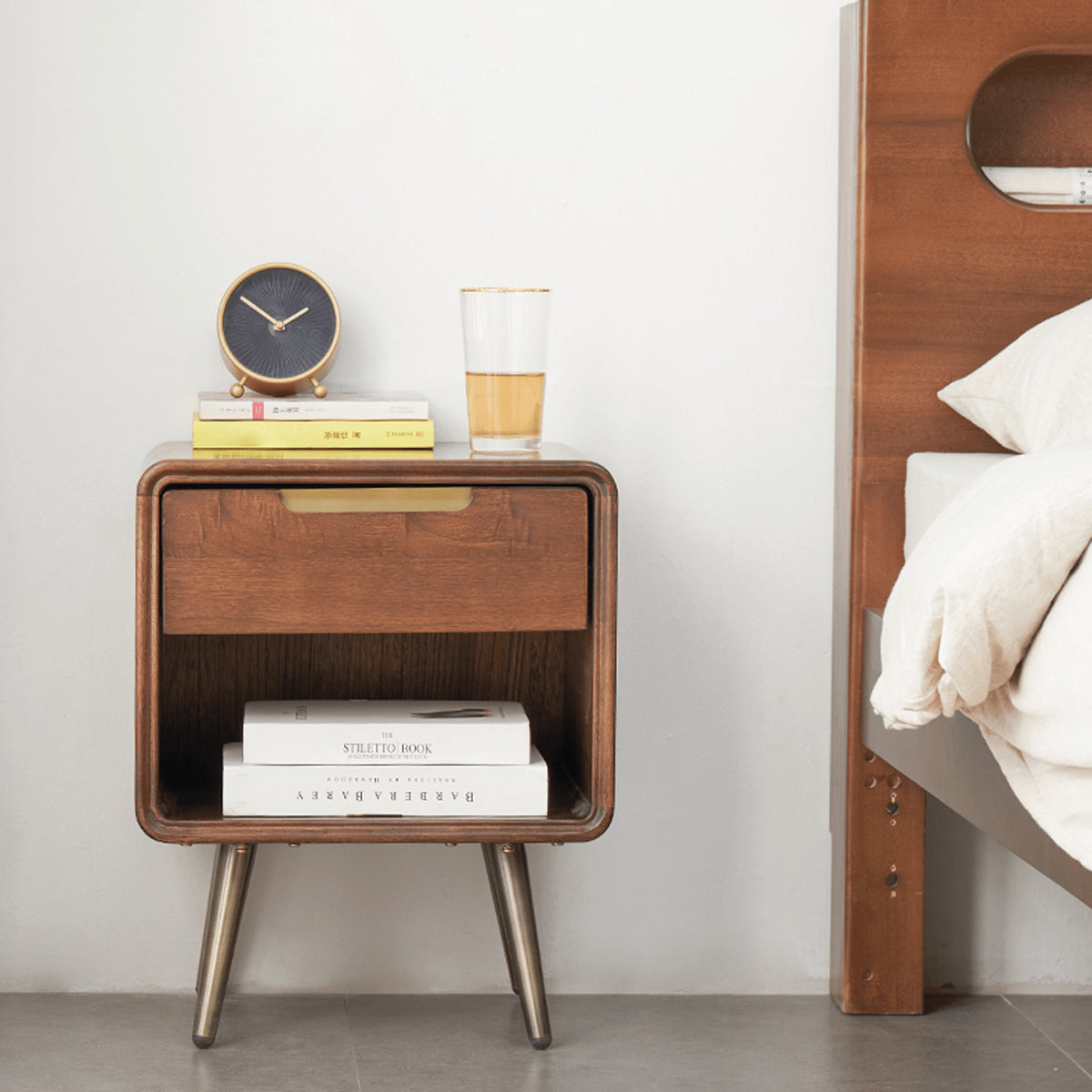 Stylish Brown Tung Wood Bedside Cupboard with Durable Metal Accents hym-488