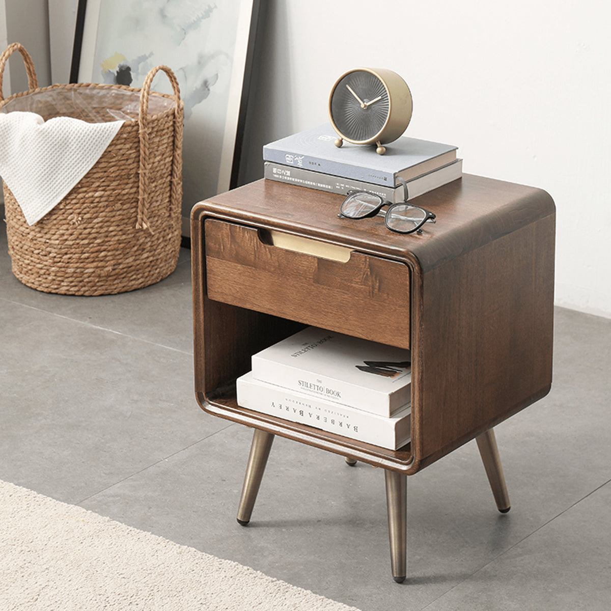 Stylish Brown Tung Wood Bedside Cupboard with Durable Metal Accents hym-488