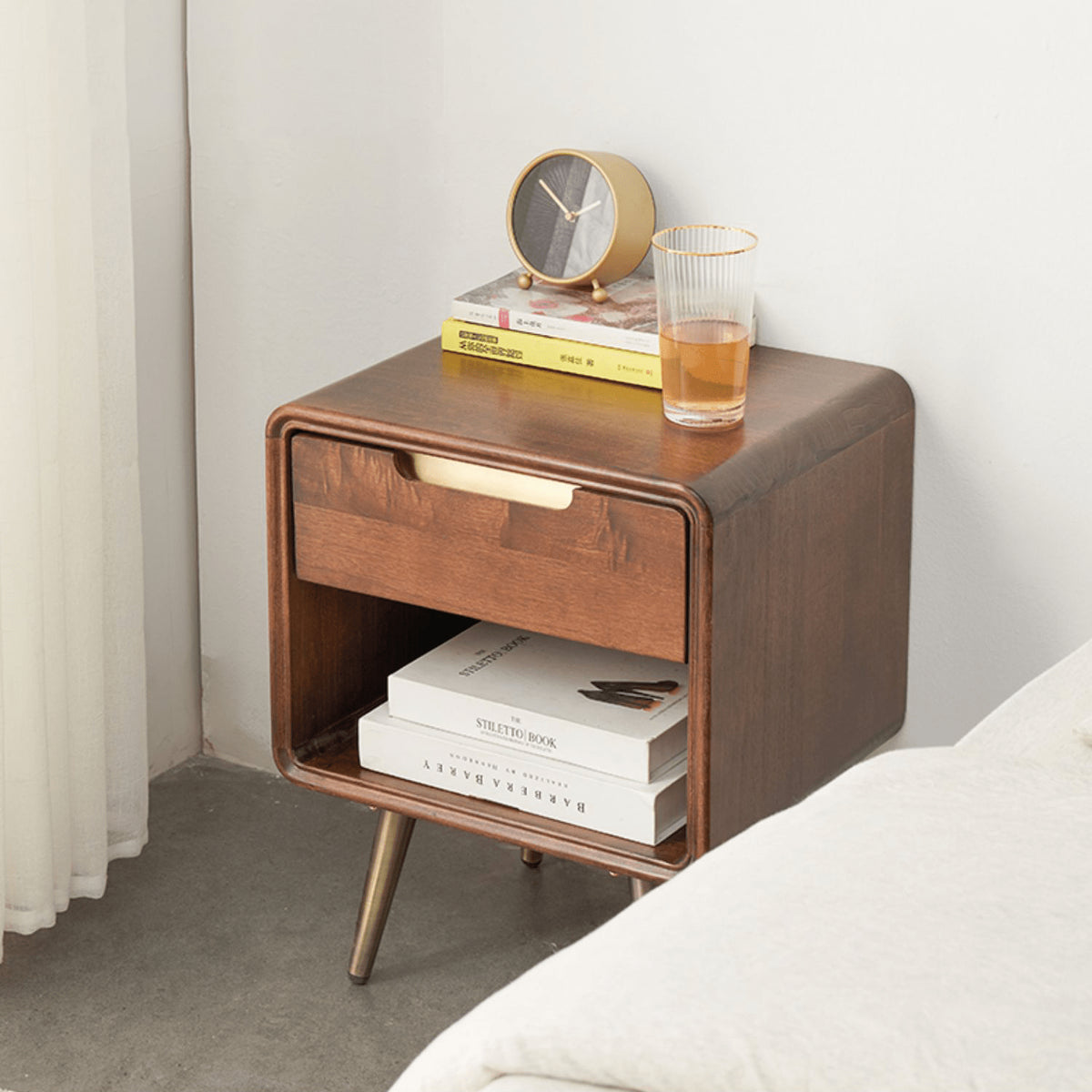 Stylish Brown Tung Wood Bedside Cupboard with Durable Metal Accents hym-488