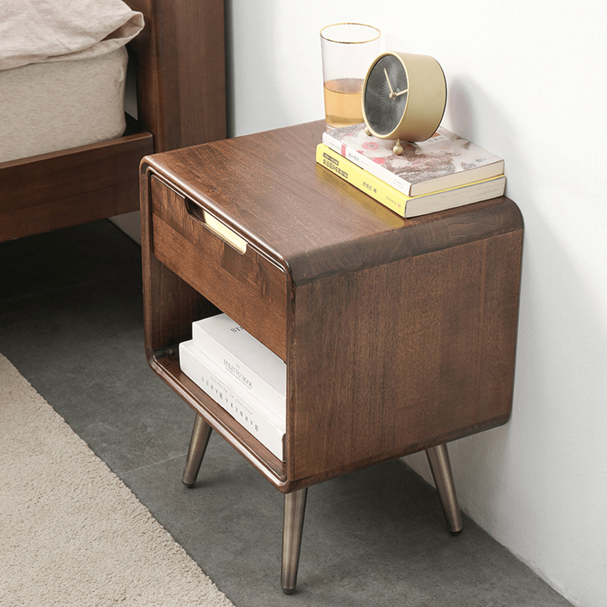 Stylish Brown Tung Wood Bedside Cupboard with Durable Metal Accents hym-488