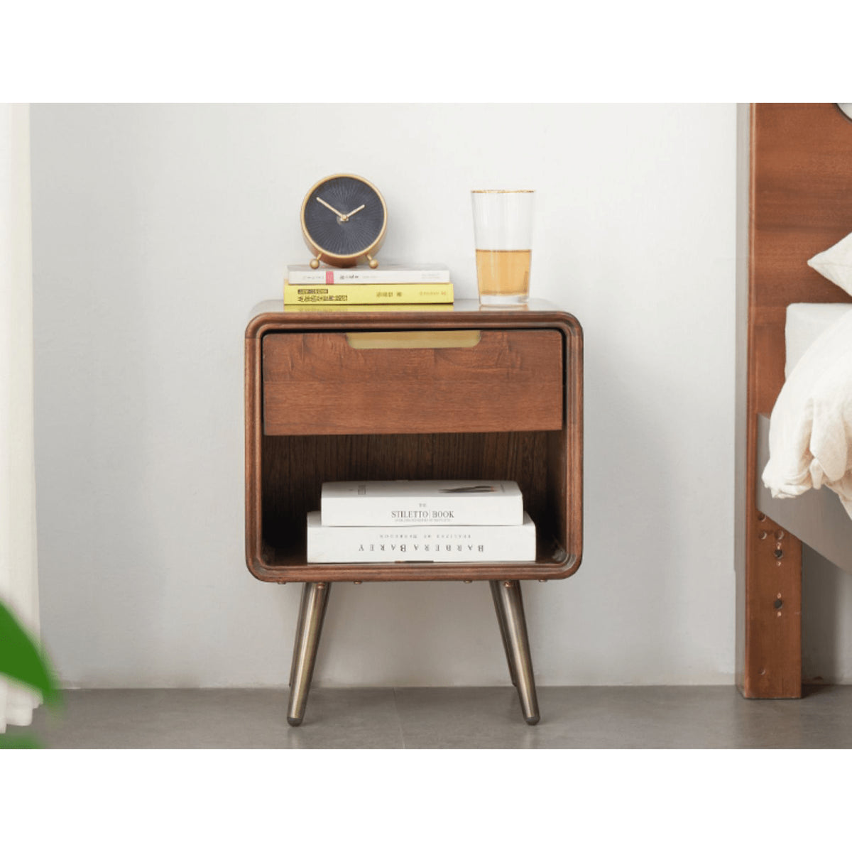 Stylish Brown Tung Wood Bedside Cupboard with Durable Metal Accents hym-488