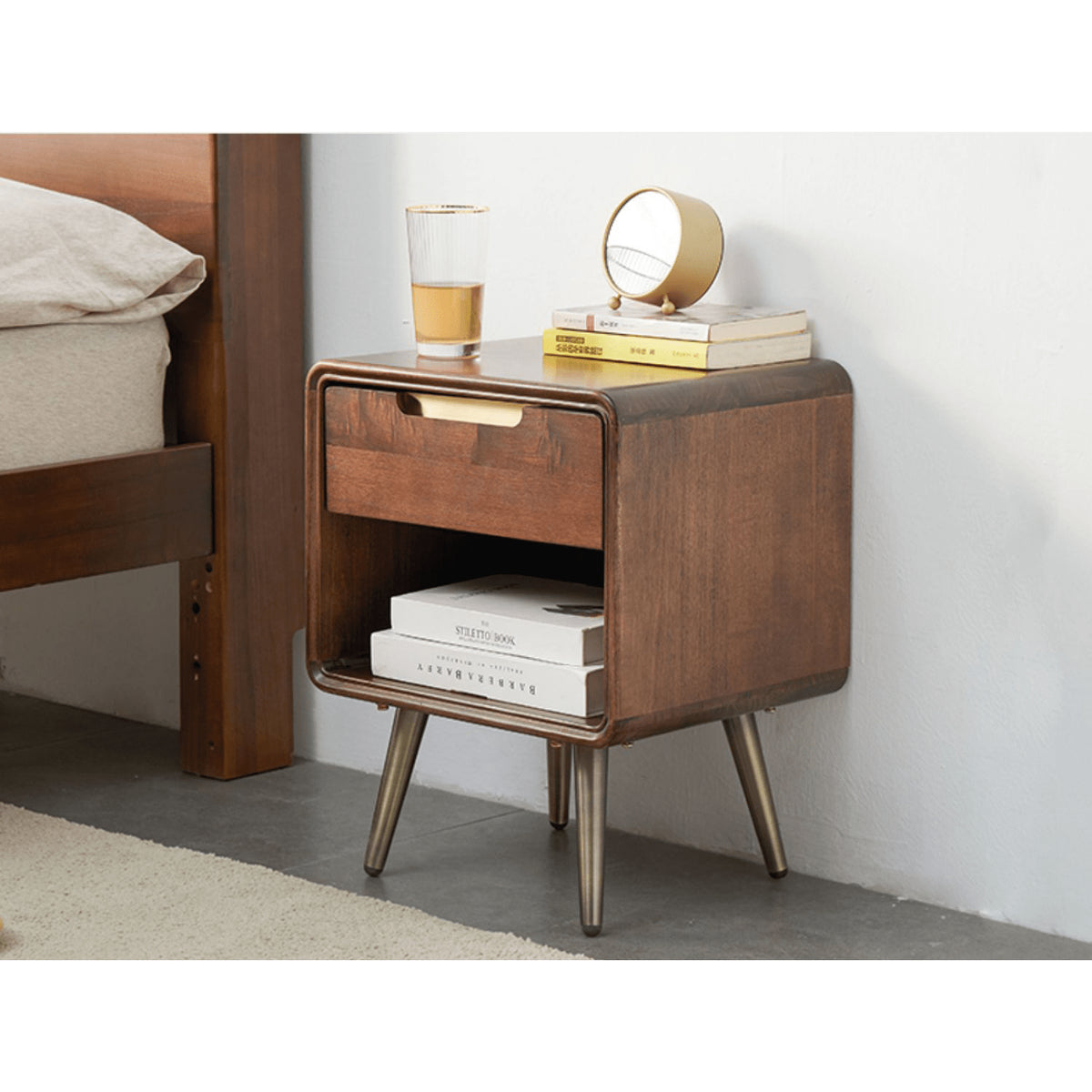 Stylish Brown Tung Wood Bedside Cupboard with Durable Metal Accents hym-488