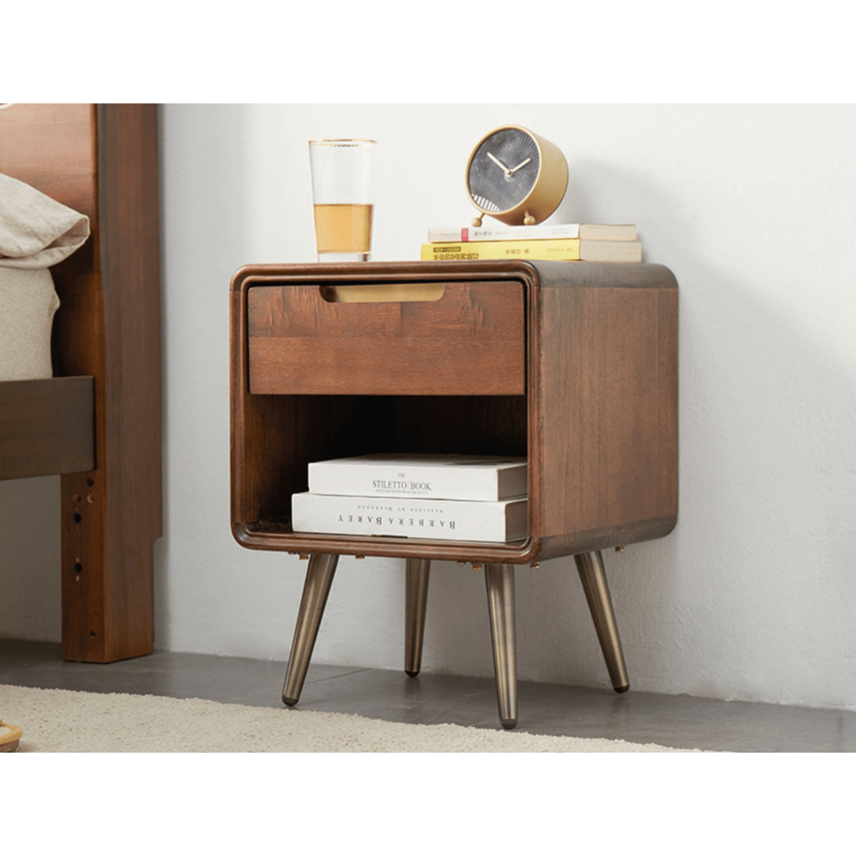 Stylish Brown Tung Wood Bedside Cupboard with Durable Metal Accents hym-488