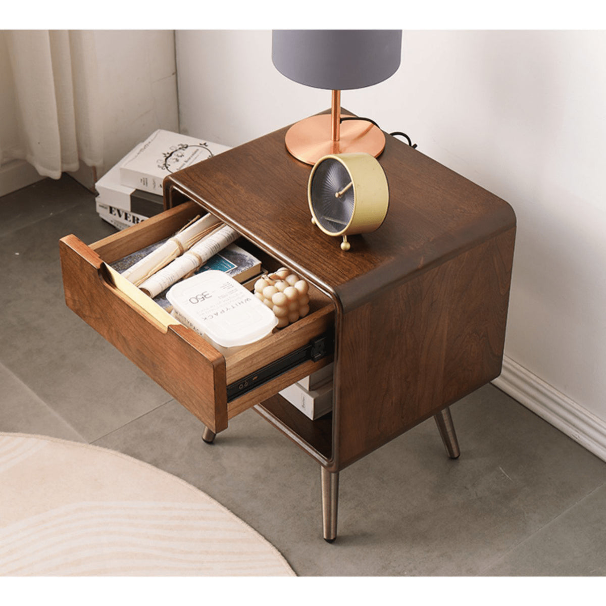 Stylish Brown Tung Wood Bedside Cupboard with Durable Metal Accents hym-488