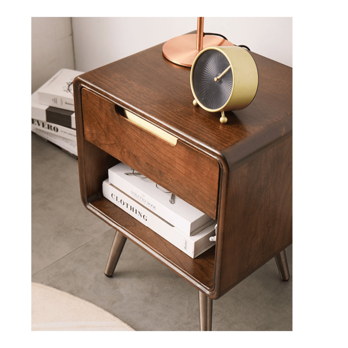 Stylish Brown Tung Wood Bedside Cupboard with Durable Metal Accents hym-488