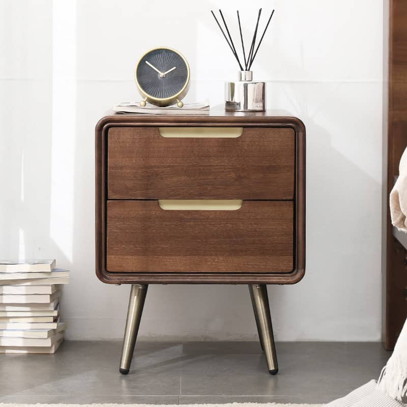 Stylish Bedside Cupboard - Brown Tung Wood & Metal Finish hym-489