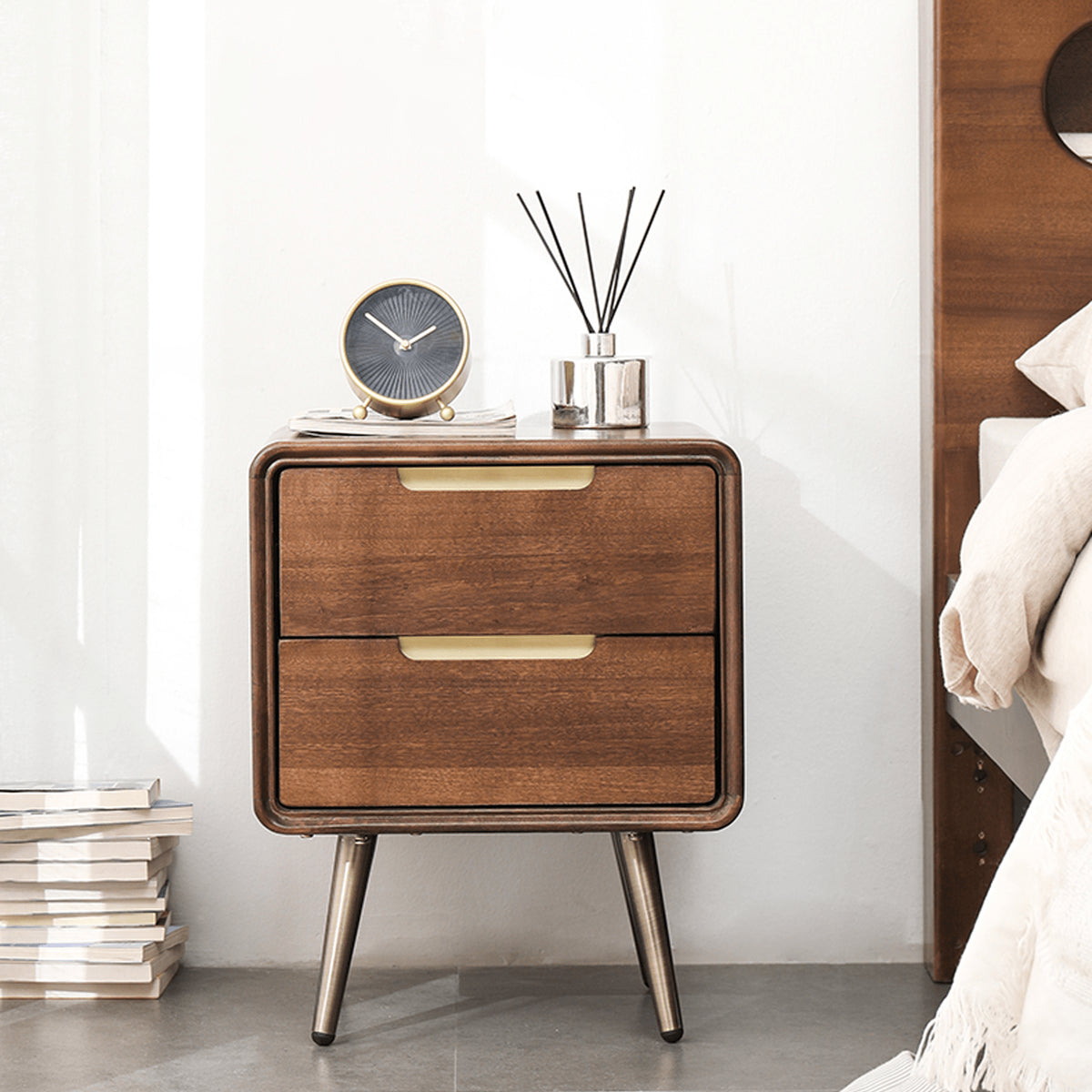 Stylish Bedside Cupboard - Brown Tung Wood & Metal Finish hym-489