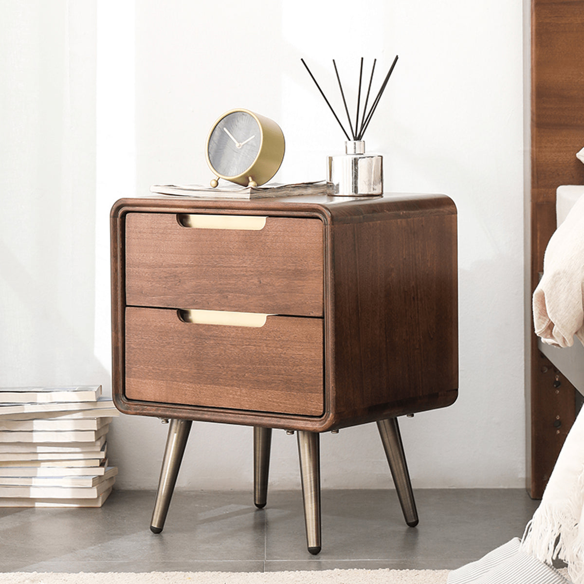 Stylish Bedside Cupboard - Brown Tung Wood & Metal Finish hym-489