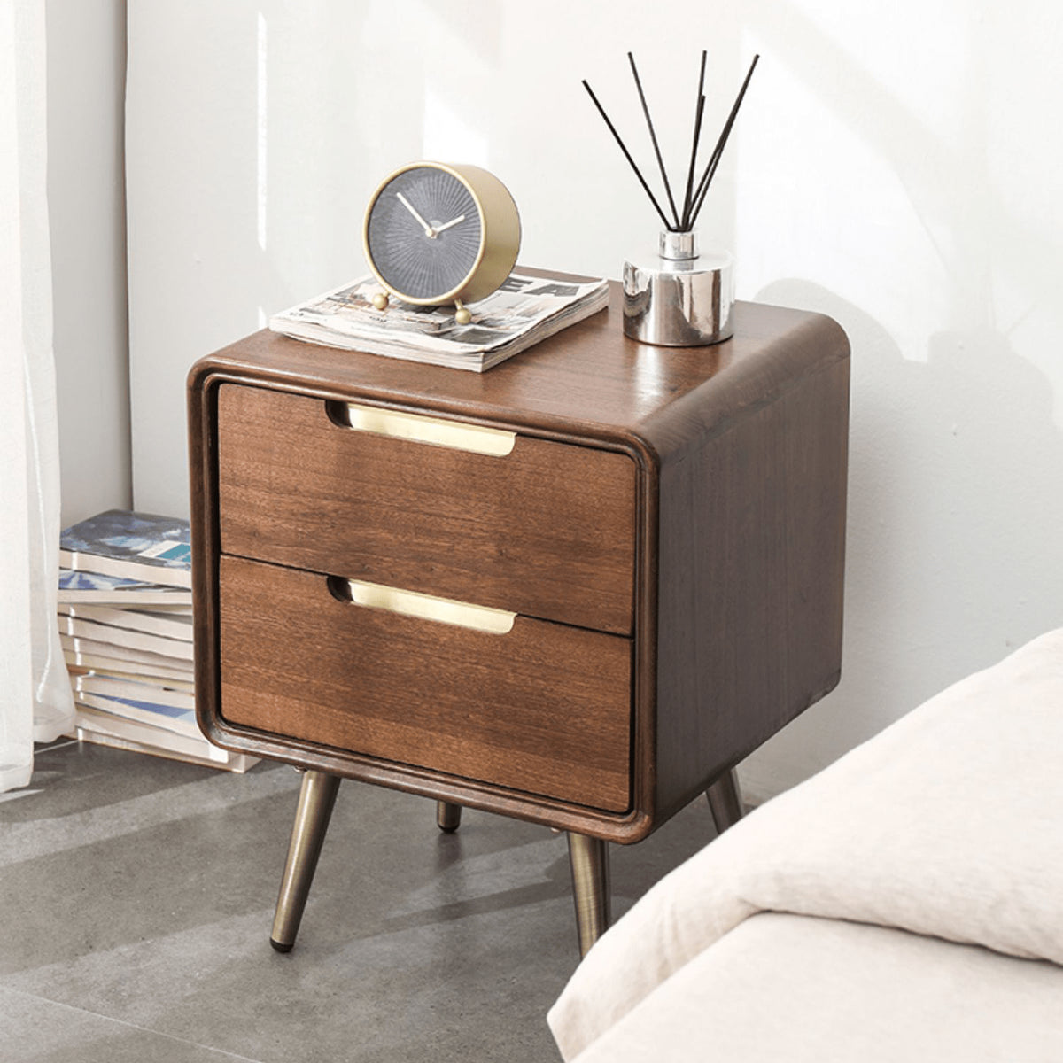 Stylish Bedside Cupboard - Brown Tung Wood & Metal Finish hym-489