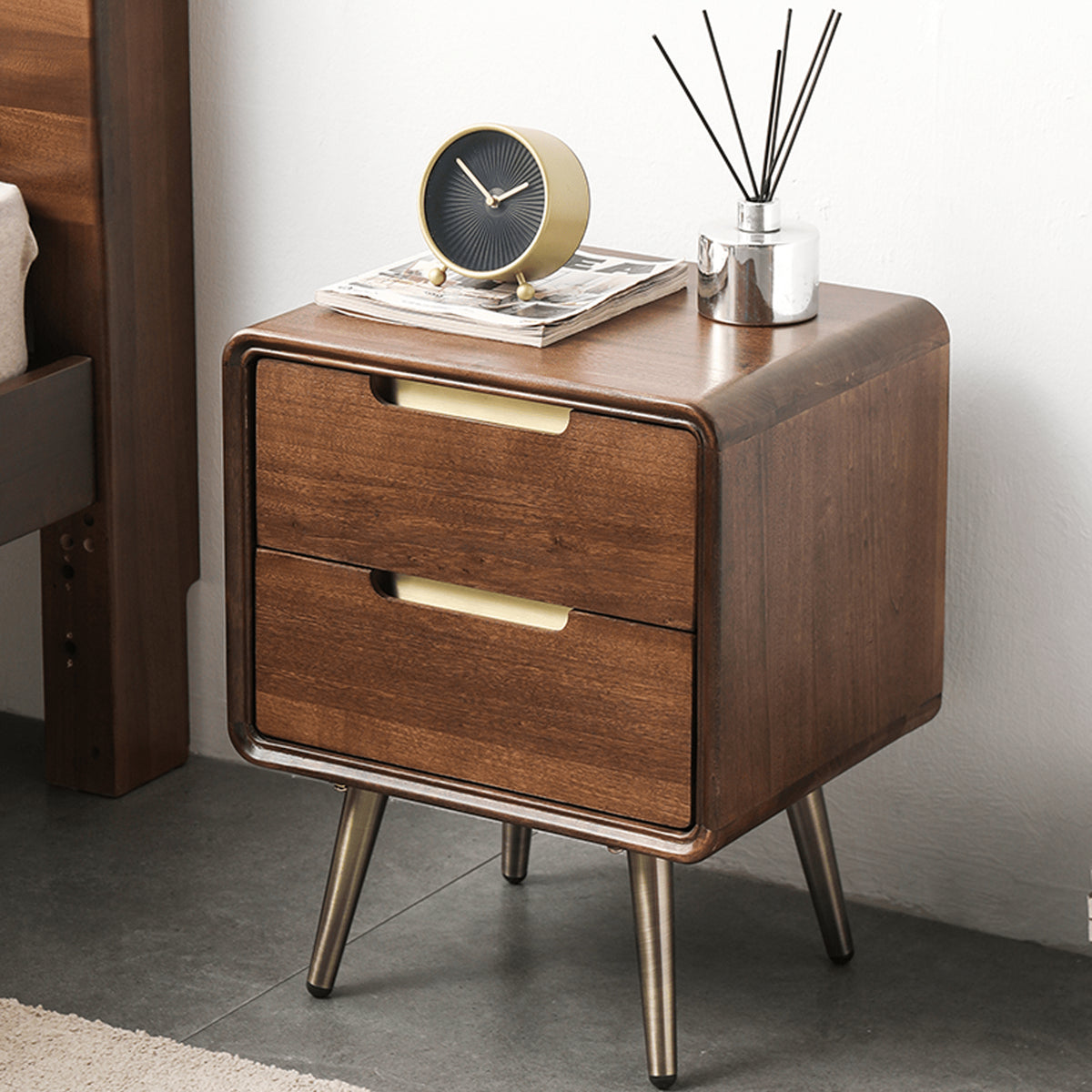 Stylish Bedside Cupboard - Brown Tung Wood & Metal Finish hym-489