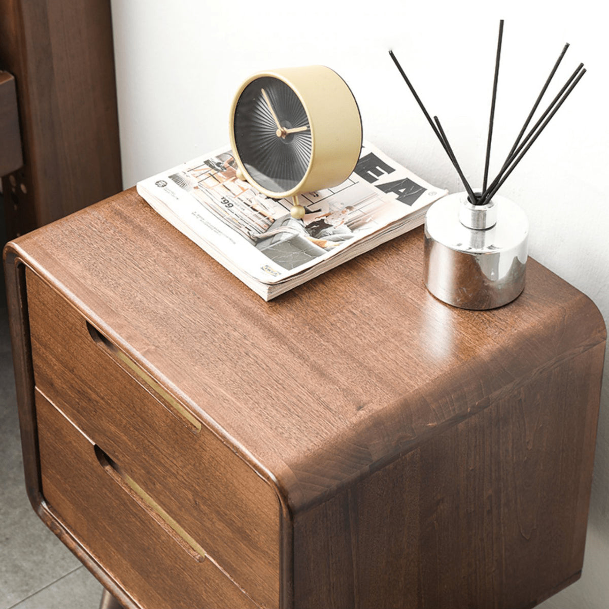 Stylish Bedside Cupboard - Brown Tung Wood & Metal Finish hym-489