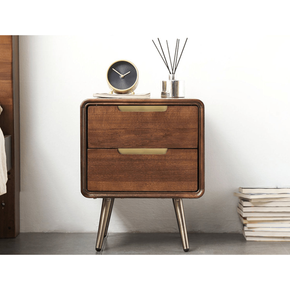 Stylish Bedside Cupboard - Brown Tung Wood & Metal Finish hym-489