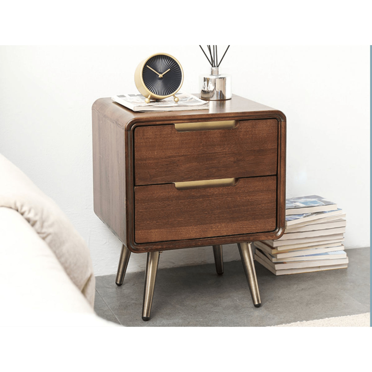 Stylish Bedside Cupboard - Brown Tung Wood & Metal Finish hym-489