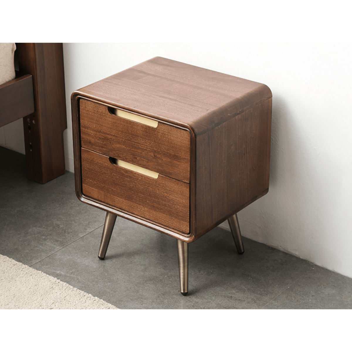 Stylish Bedside Cupboard - Brown Tung Wood & Metal Finish hym-489