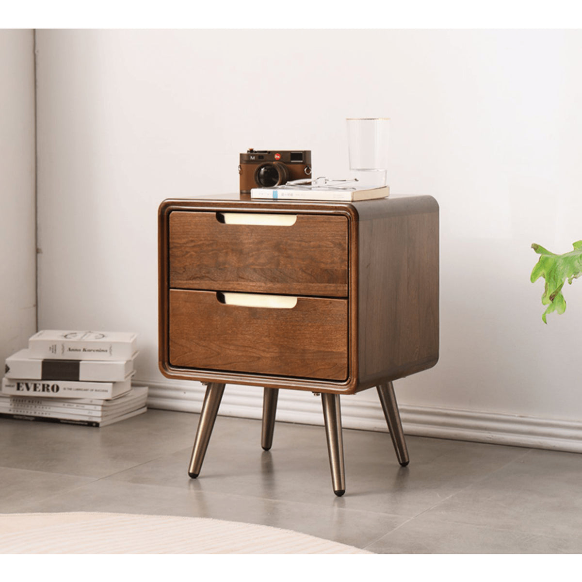 Stylish Bedside Cupboard - Brown Tung Wood & Metal Finish hym-489