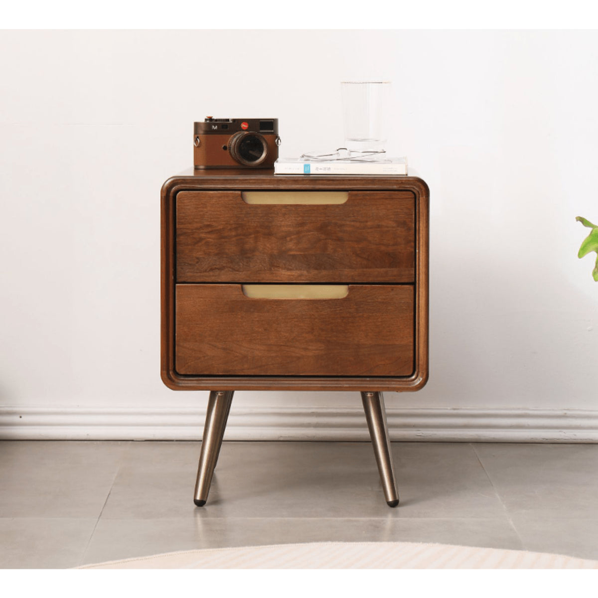 Stylish Bedside Cupboard - Brown Tung Wood & Metal Finish hym-489