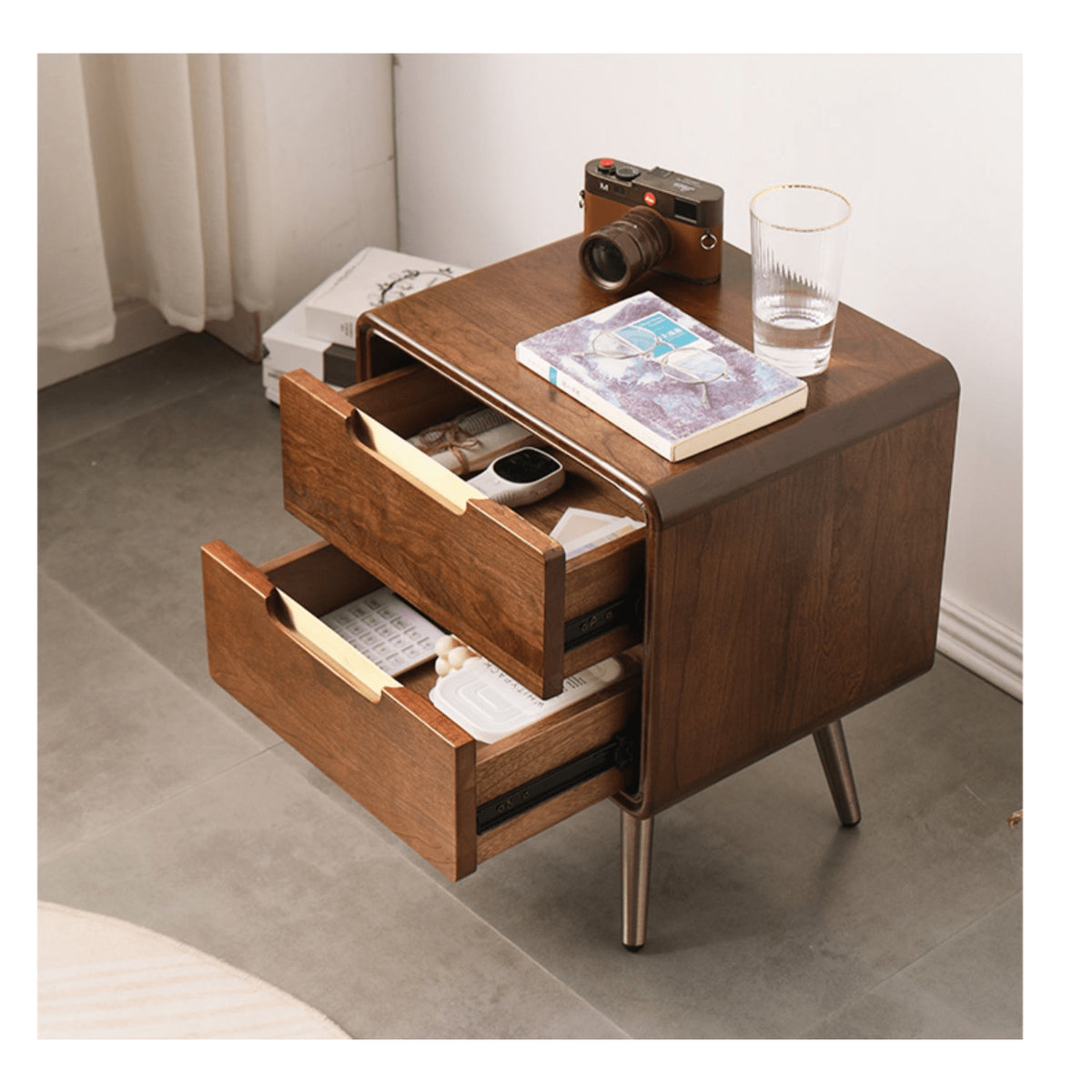 Stylish Bedside Cupboard - Brown Tung Wood & Metal Finish hym-489