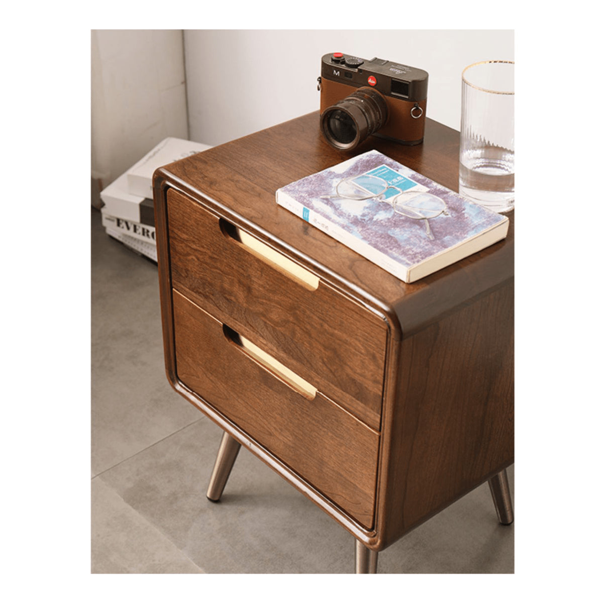 Stylish Bedside Cupboard - Brown Tung Wood & Metal Finish hym-489