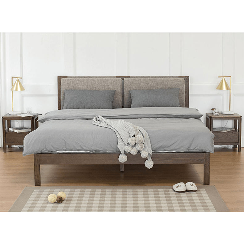 Stylish Bed with Natural Oak, Pine & Cotton-Ramie Upholstery – Elegant Brown, Off White & Gray Finish hym-630