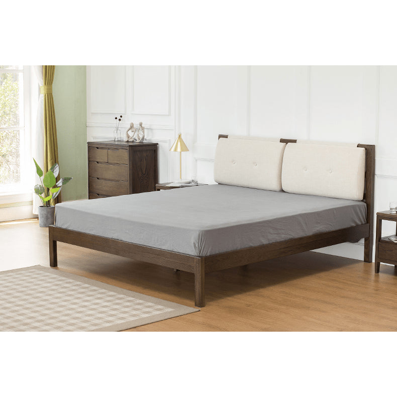 Stylish Bed with Natural Oak, Pine & Cotton-Ramie Upholstery – Elegant Brown, Off White & Gray Finish hym-630