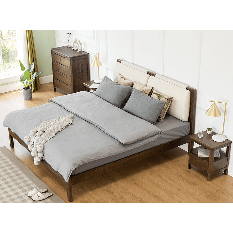 Stylish Bed with Natural Oak, Pine & Cotton-Ramie Upholstery – Elegant Brown, Off White & Gray Finish hym-630