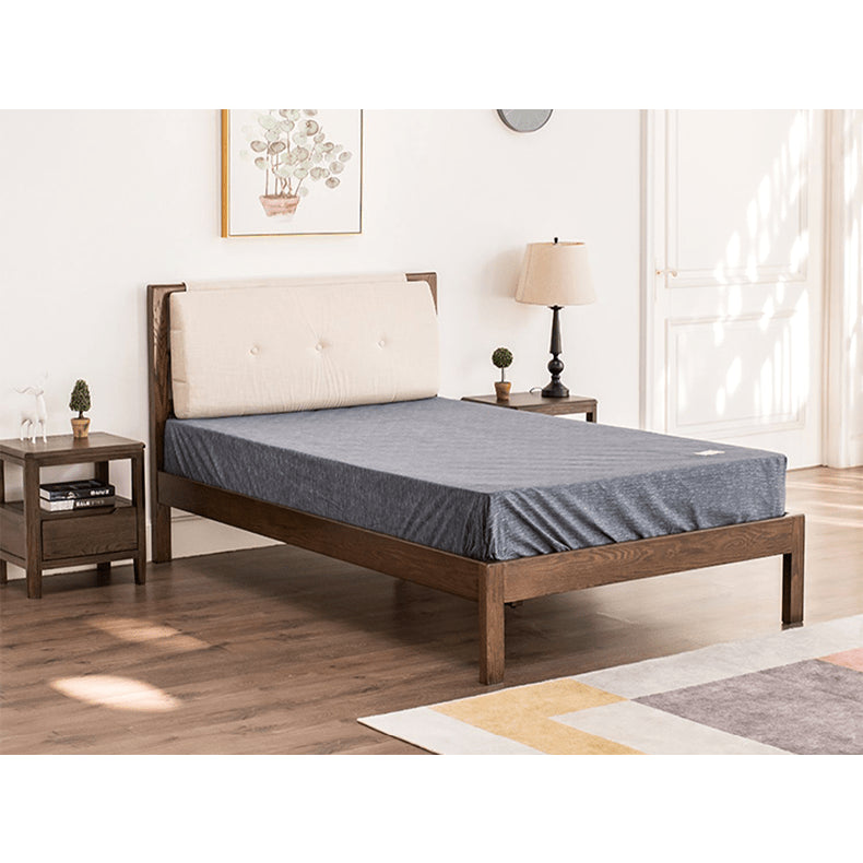 Stylish Bed with Natural Oak, Pine & Cotton-Ramie Upholstery – Elegant Brown, Off White & Gray Finish hym-630