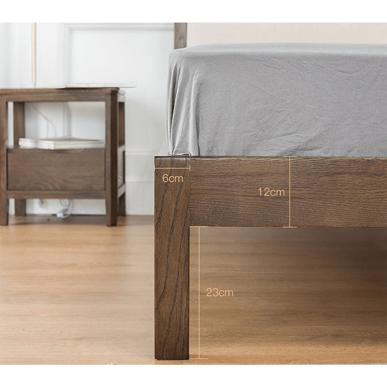 Stylish Bed with Natural Oak, Pine & Cotton-Ramie Upholstery – Elegant Brown, Off White & Gray Finish hym-630