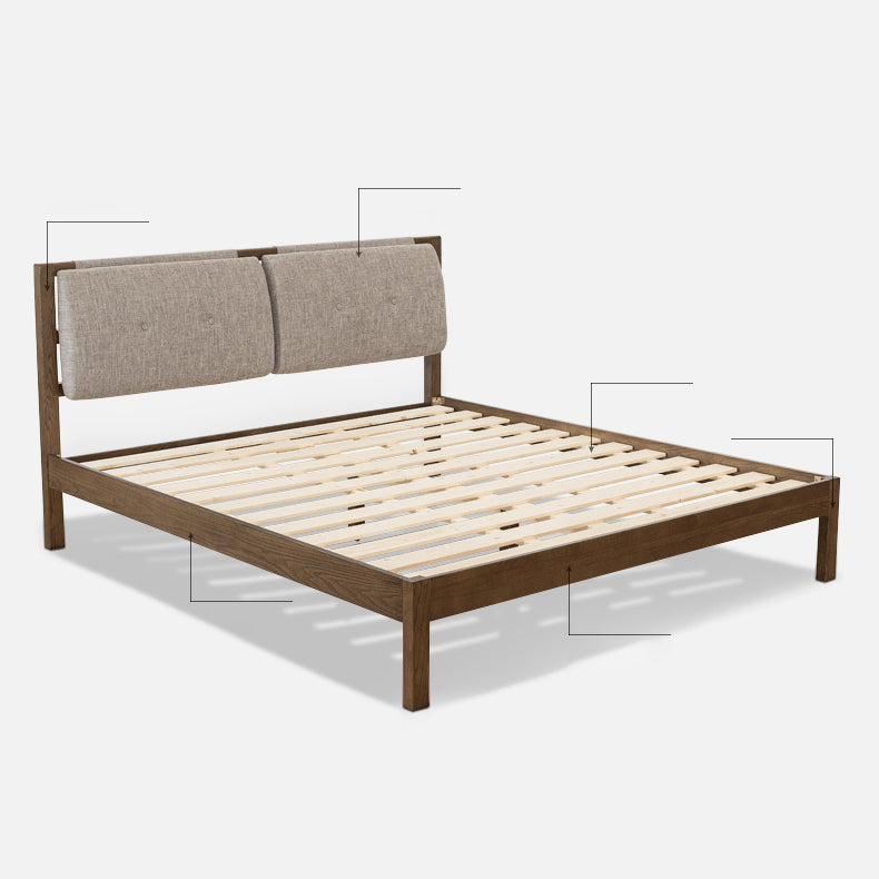 Stylish Bed with Natural Oak, Pine & Cotton-Ramie Upholstery – Elegant Brown, Off White & Gray Finish hym-630