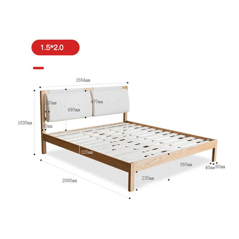 Stylish Bed with Natural Oak, Pine & Cotton-Ramie Upholstery – Elegant Brown, Off White & Gray Finish hym-630