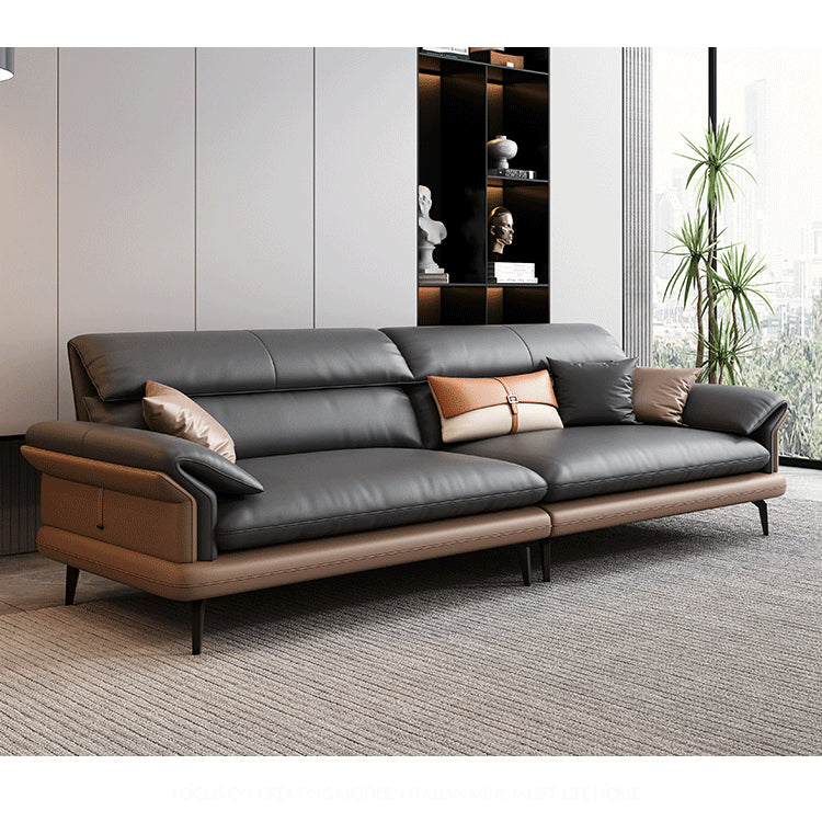 Modern Pine Wood Sofa with Black, Light Brown, Beige & Orange Faux Leather and Cotton Down Cushions hzh-1351