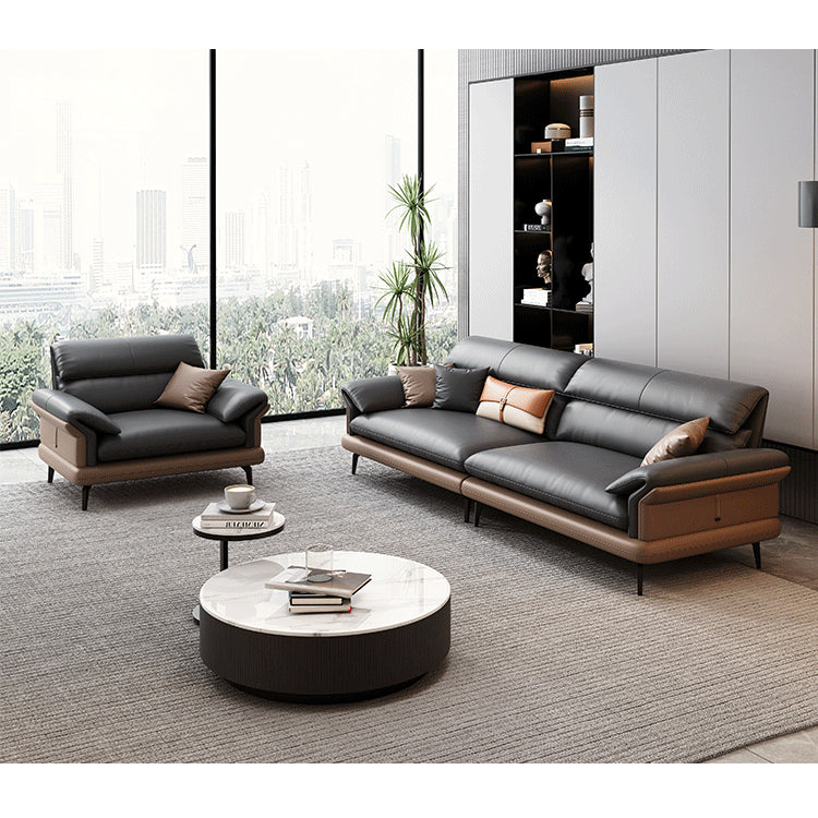 Modern Pine Wood Sofa with Black, Light Brown, Beige & Orange Faux Leather and Cotton Down Cushions hzh-1351