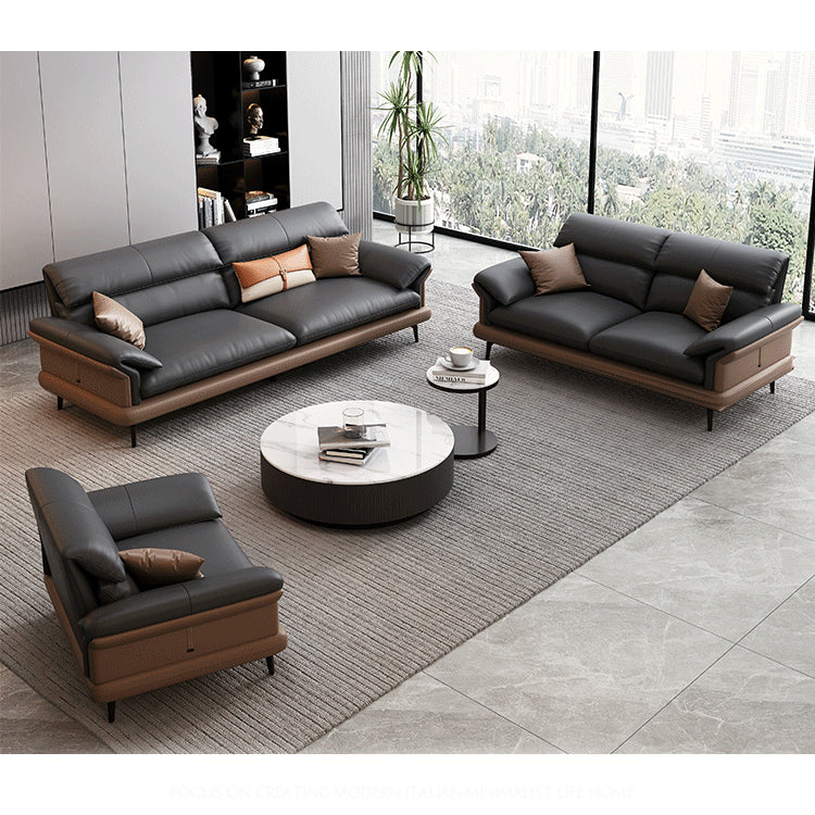 Modern Pine Wood Sofa with Black, Light Brown, Beige & Orange Faux Leather and Cotton Down Cushions hzh-1351