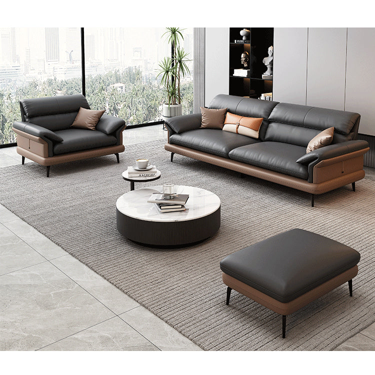 Modern Pine Wood Sofa with Black, Light Brown, Beige & Orange Faux Leather and Cotton Down Cushions hzh-1351