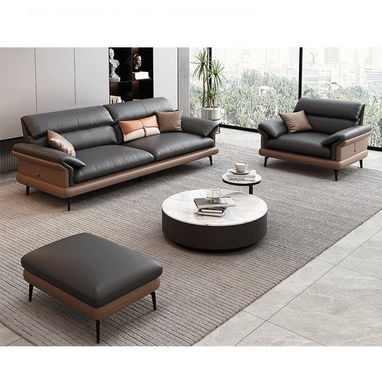 Modern Pine Wood Sofa with Black, Light Brown, Beige & Orange Faux Leather and Cotton Down Cushions hzh-1351