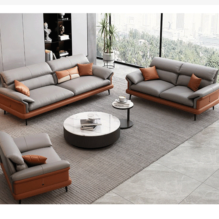 Modern Pine Wood Sofa with Black, Light Brown, Beige & Orange Faux Leather and Cotton Down Cushions hzh-1351