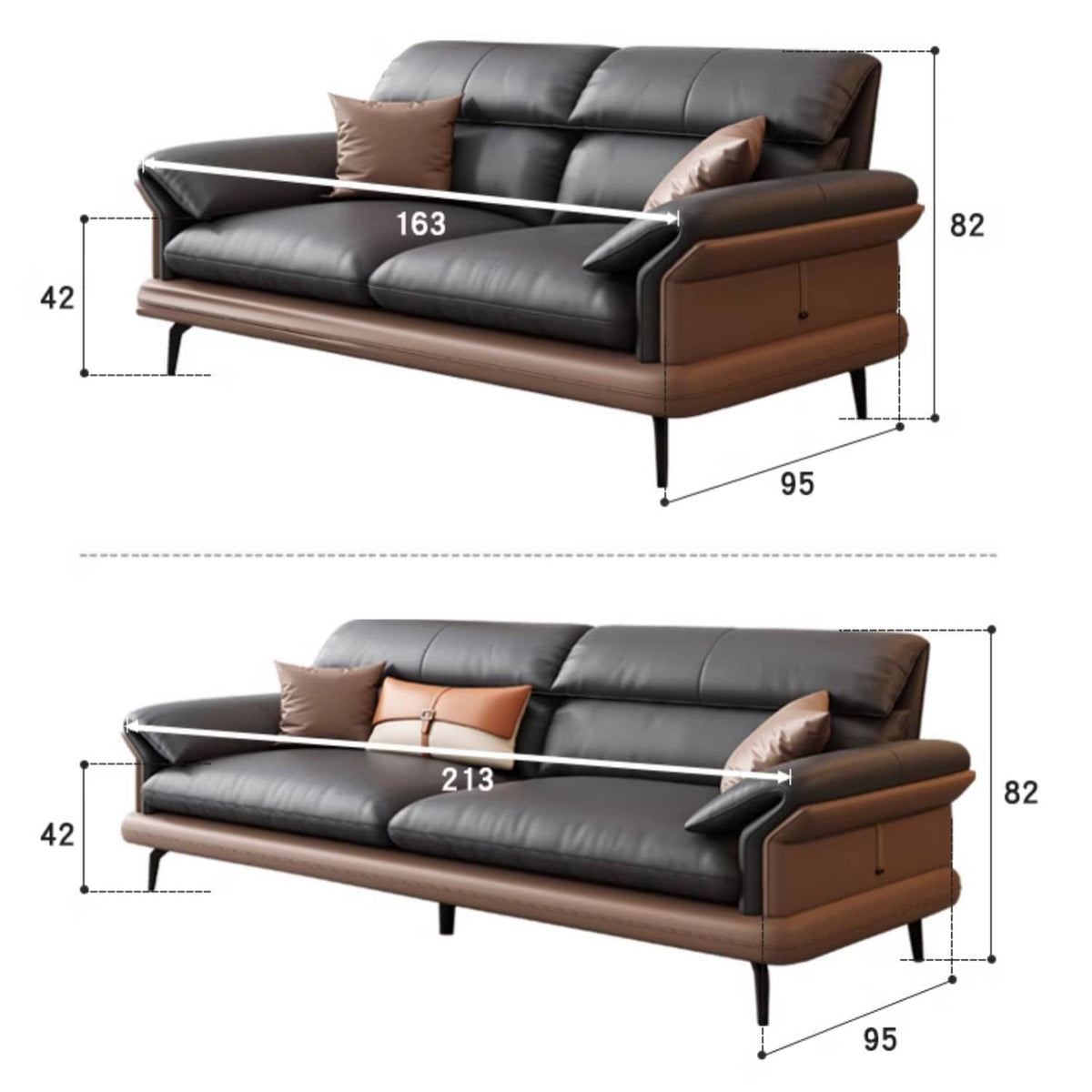 Modern Pine Wood Sofa with Black, Light Brown, Beige & Orange Faux Leather and Cotton Down Cushions hzh-1351