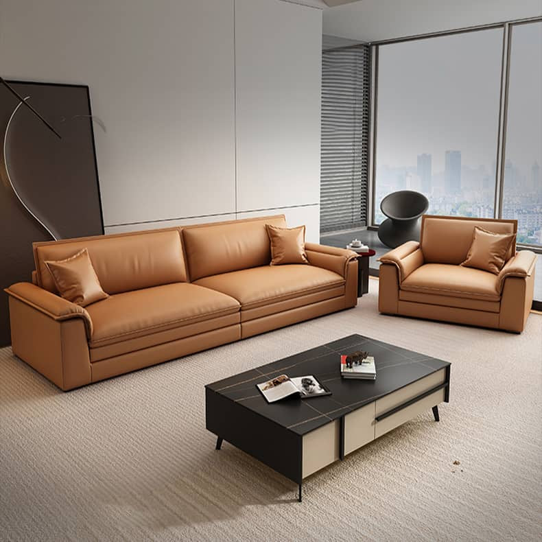 Modern Orange Sofa with Pine Wood Frame, Cotton Down Cushions, and Faux Leather Accents hzh-1353