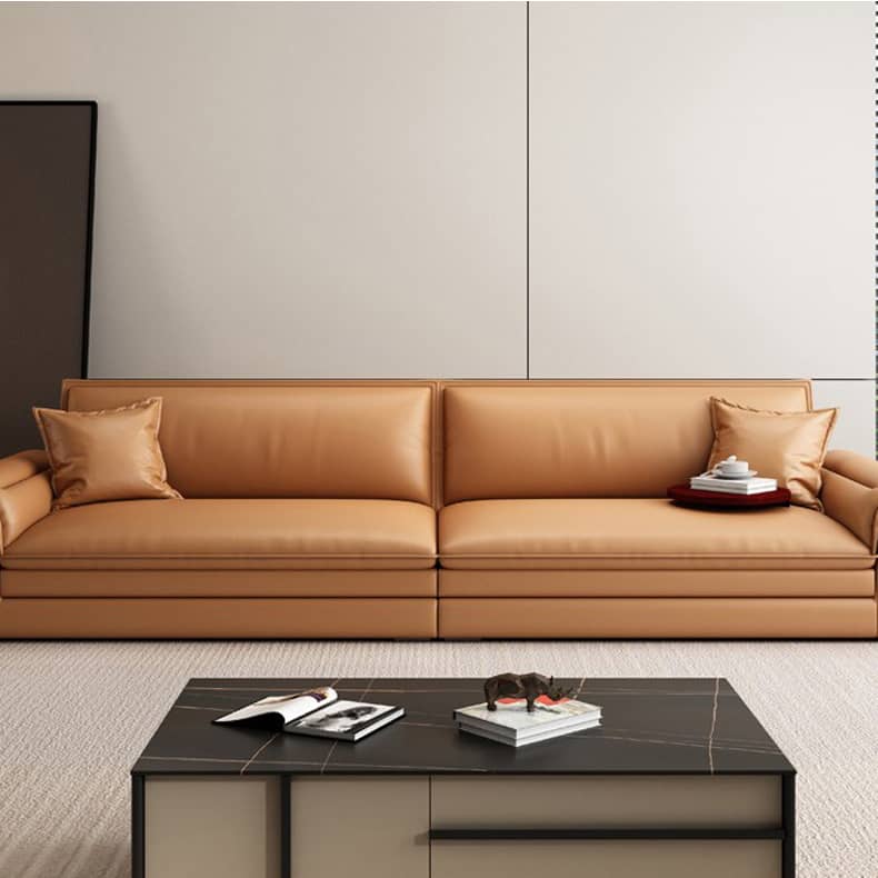 Modern Orange Sofa with Pine Wood Frame, Cotton Down Cushions, and Faux Leather Accents hzh-1353