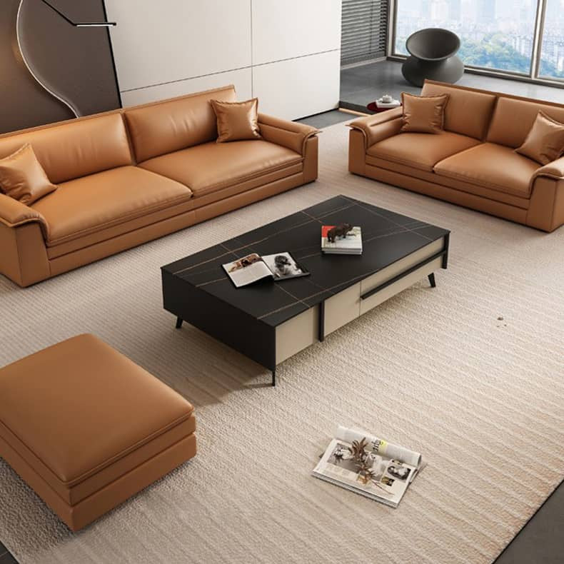 Modern Orange Sofa with Pine Wood Frame, Cotton Down Cushions, and Faux Leather Accents hzh-1353