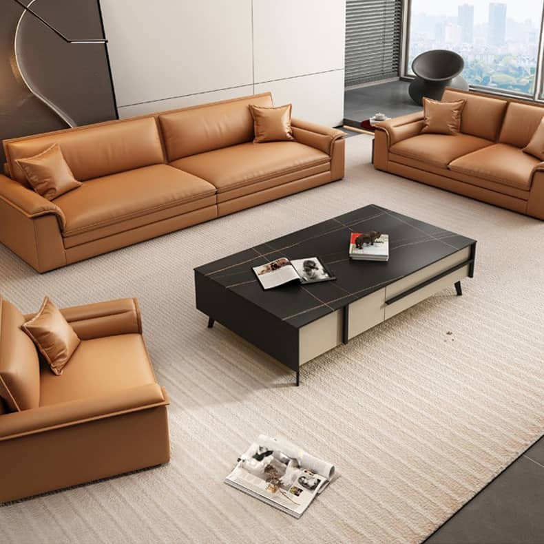 Modern Orange Sofa with Pine Wood Frame, Cotton Down Cushions, and Faux Leather Accents hzh-1353