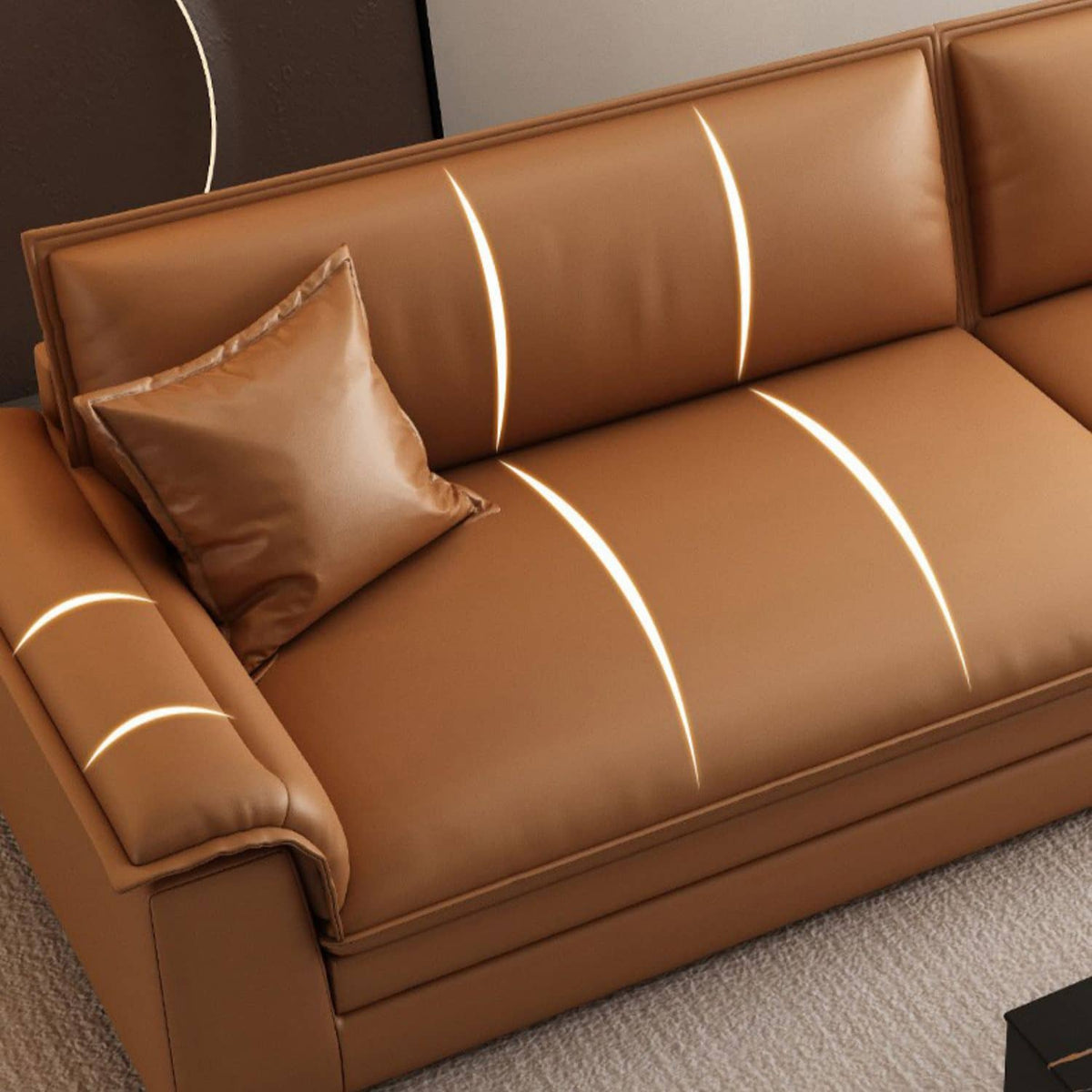 Modern Orange Sofa with Pine Wood Frame, Cotton Down Cushions, and Faux Leather Accents hzh-1353