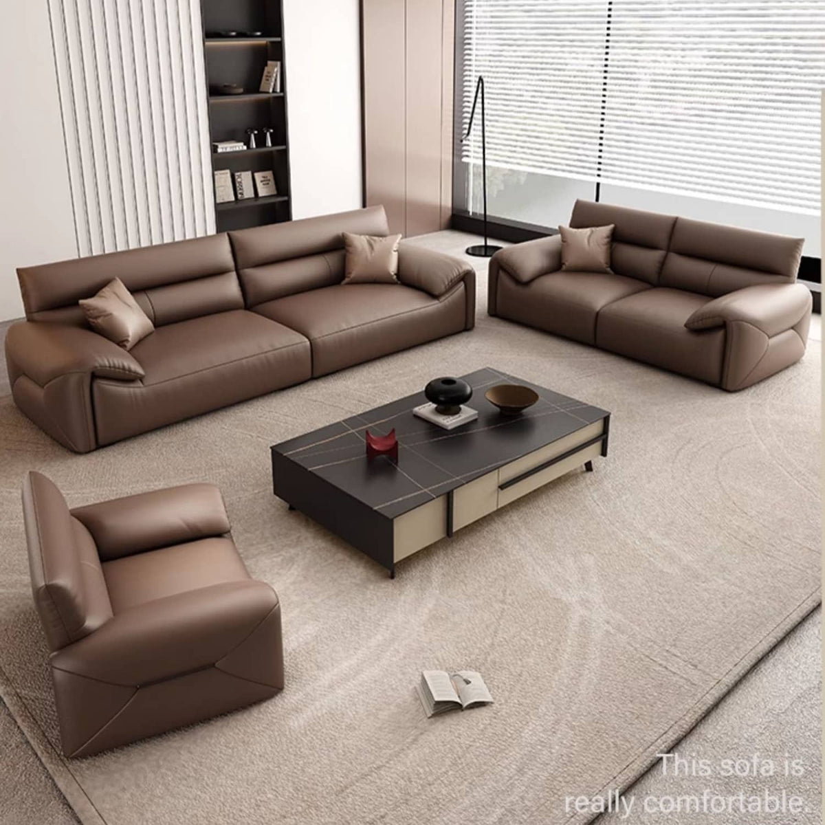 Luxurious Dark Brown Faux Leather Sofa with Sturdy Pine Wood Frame and Soft Cotton Finish hzh-1355