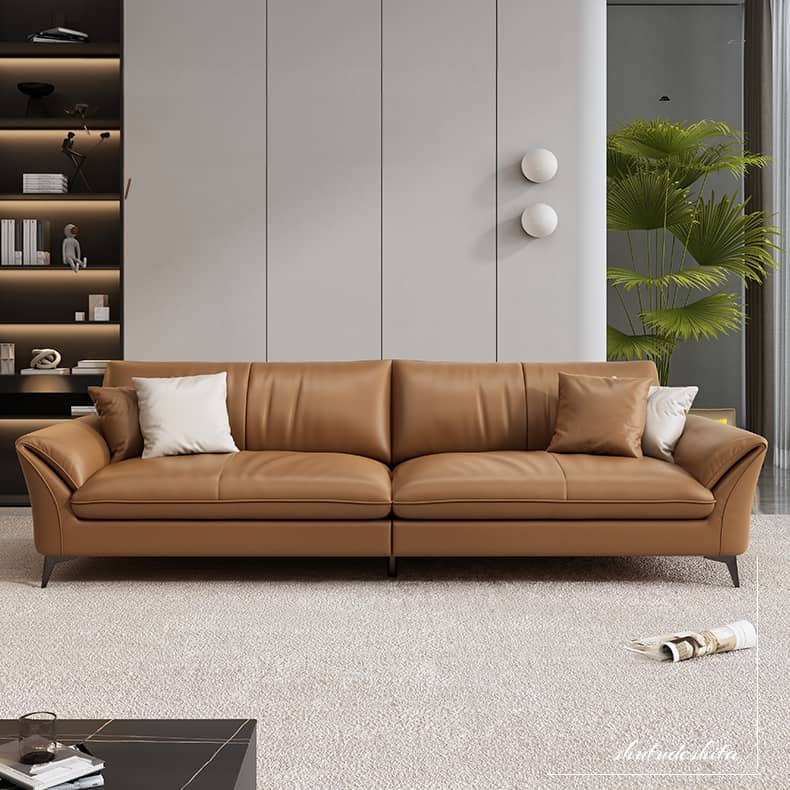 Stylish Pine Wood Sofa with Orange Cotton Blend and Luxurious Faux Leather Accents hzh-1356