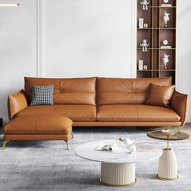 Stylish Sofa with Orange Cotton Upholstery and Pine Wood Frame Featuring Durable Faux Leather Accents hzh-1358