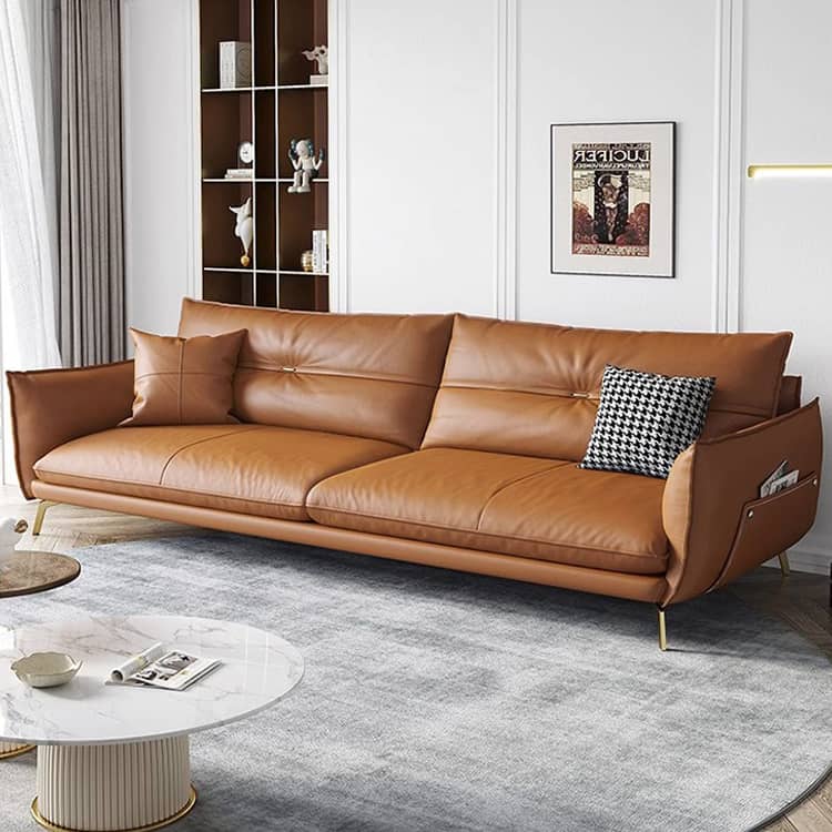 Stylish Sofa with Orange Cotton Upholstery and Pine Wood Frame Featuring Durable Faux Leather Accents hzh-1358