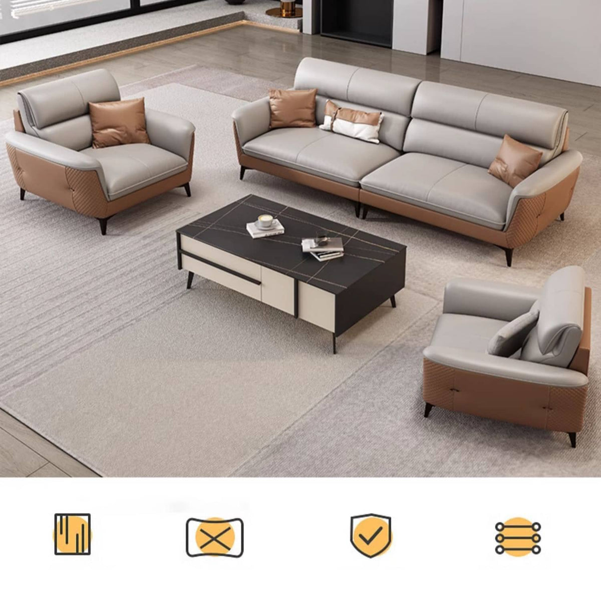 Stylish Sofa in Gray Khaki with Pine Wood Legs and Cotton Faux Leather Upholstery hzh-1363