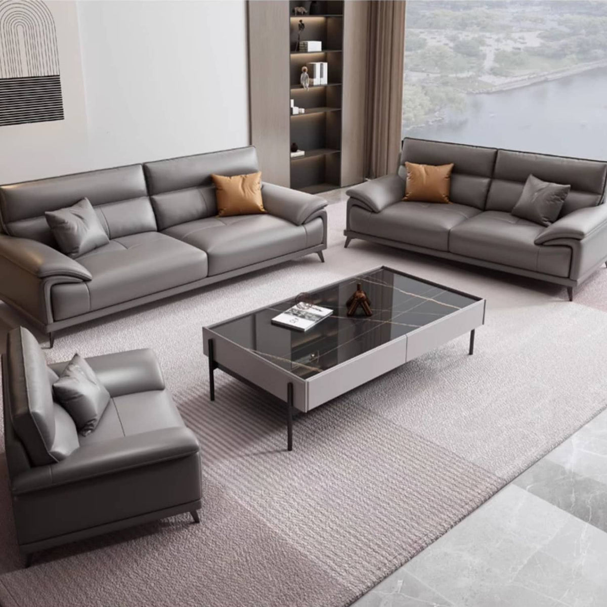 Luxury Gray Sofa with Pine Wood Frame - Cozy Cotton Down & Durable Faux Leather hzh-1365