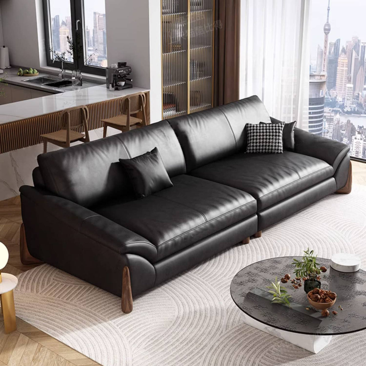 Stylish Black Pine Wood Sofa with Comfortable Goose Down and Faux Leather Finish hzh-1368